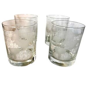 Set of 4 Vintage Nescafe Etched Glass World Map Globe Double Glass Tumblers